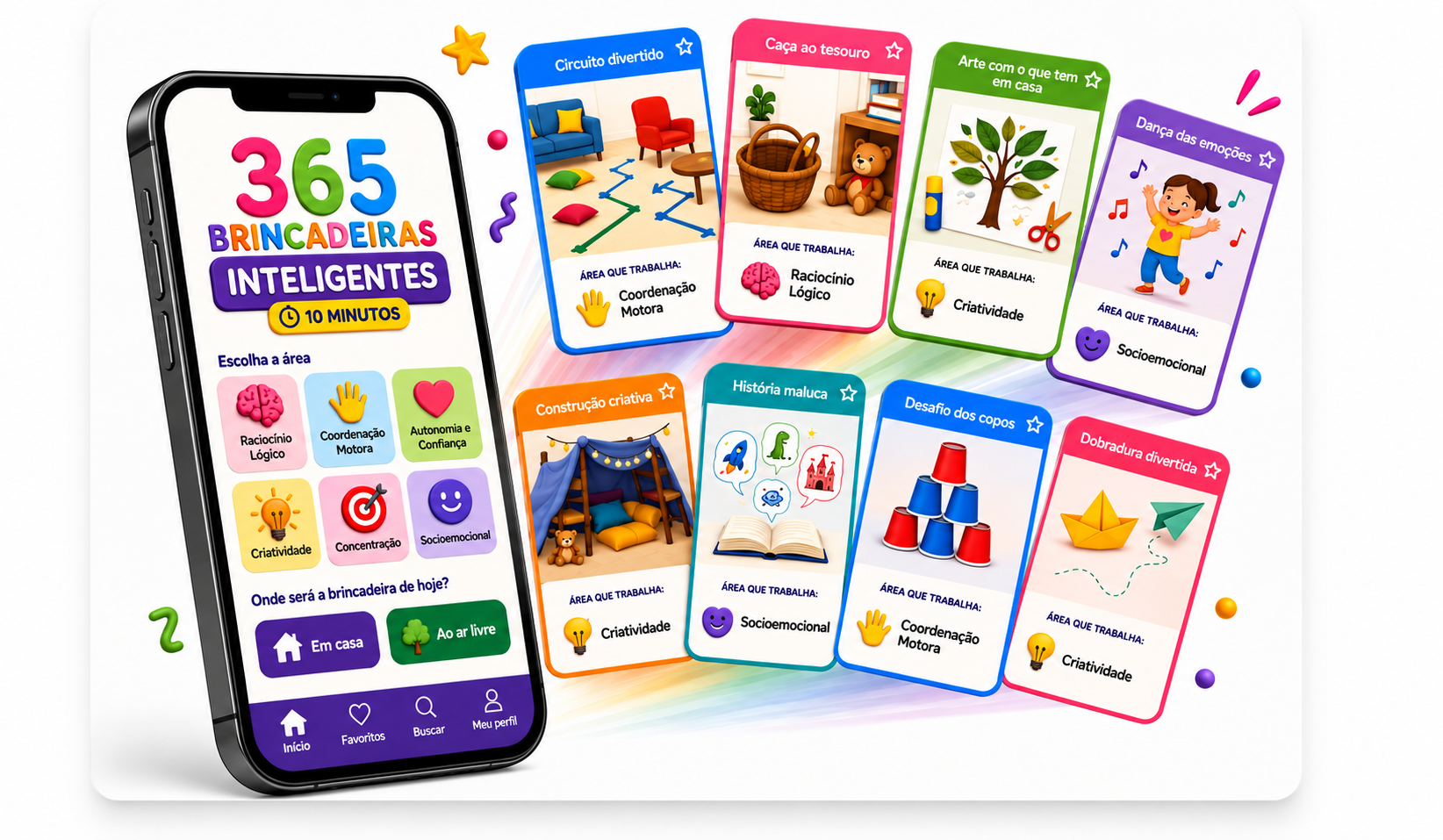 Ilustração da consulta ao material digital no celular, com oito cartões de atividades